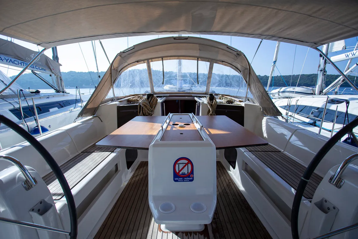 Deck of Skyra, a Dufour 412 GL sailboat at Grad Pula, Croatia