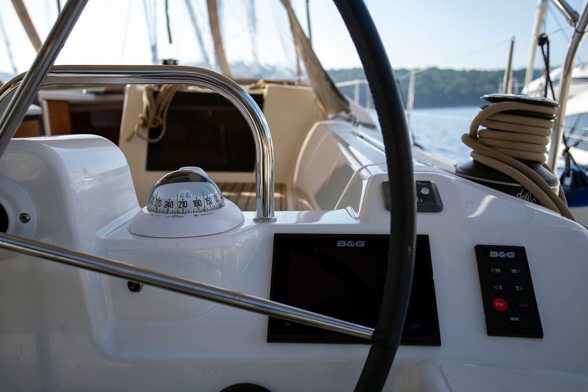 Cockpit of Skyra, a Dufour 412 GL sailboat at Grad Pula, Croatia