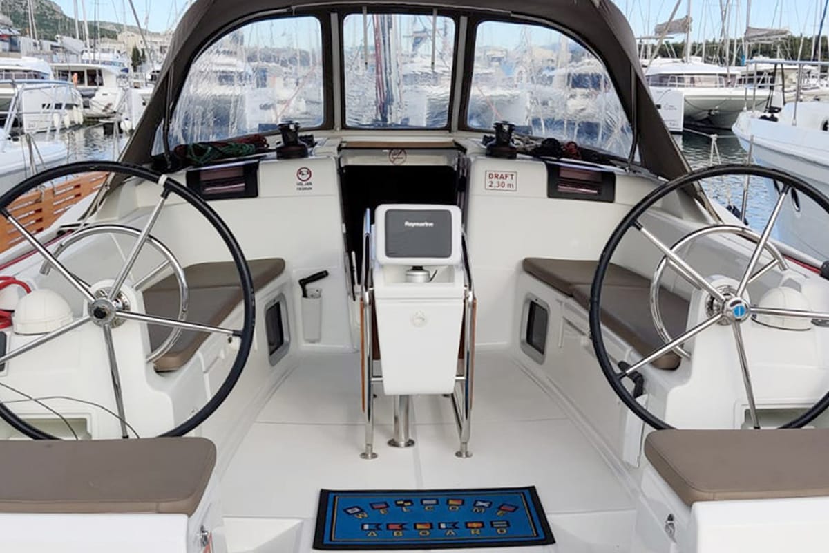 Cockpit of Elissa, a Jeanneau Sun Odyssey 449 sailboat at Grad Šibenik, Croatia