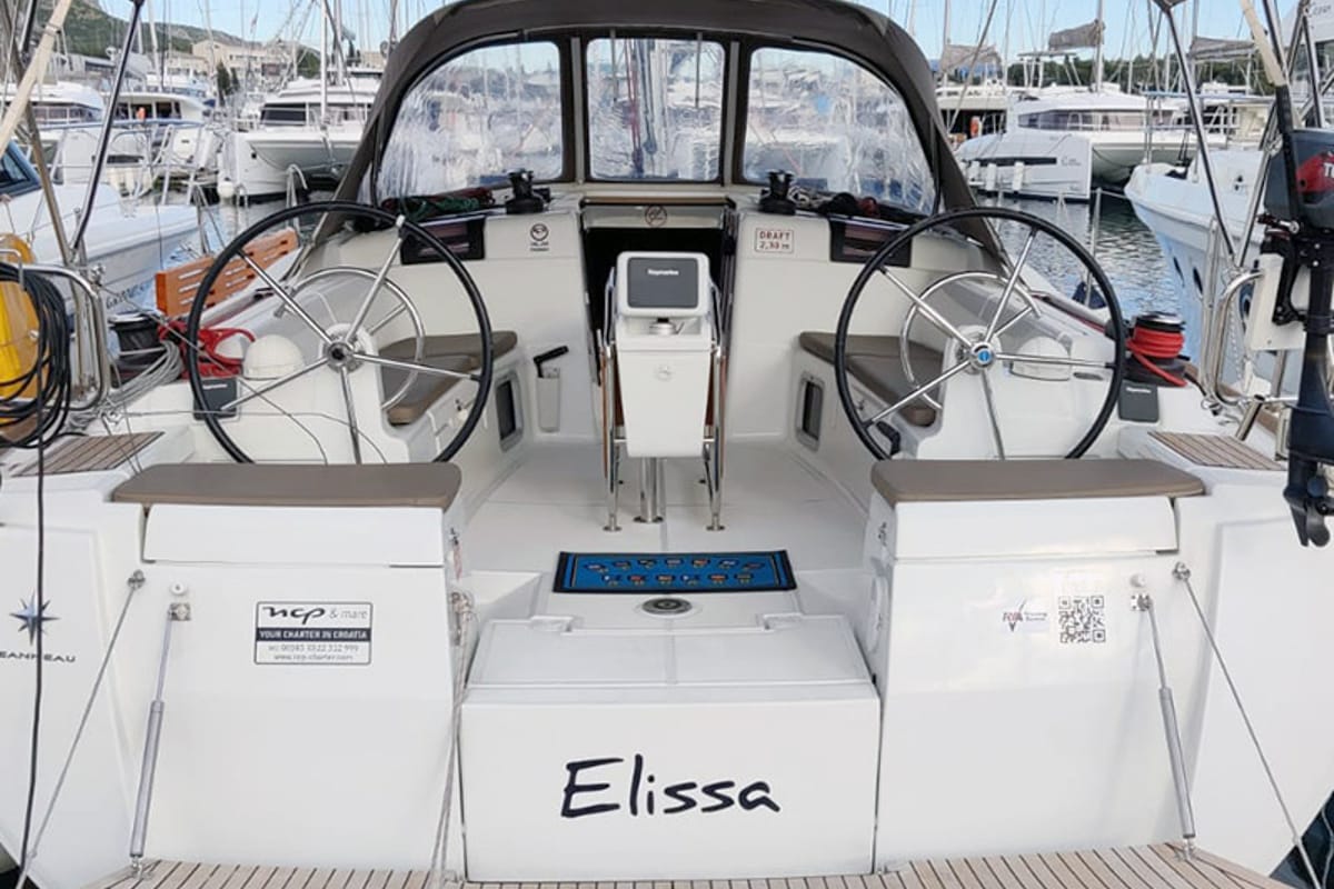 Cockpit of Elissa, a Jeanneau Sun Odyssey 449 sailboat at Grad Šibenik, Croatia
