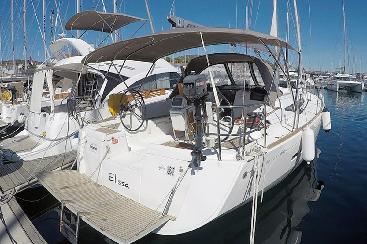 Exterior view of Elissa, a Jeanneau Sun Odyssey 449 sailboat at Grad Šibenik, Croatia