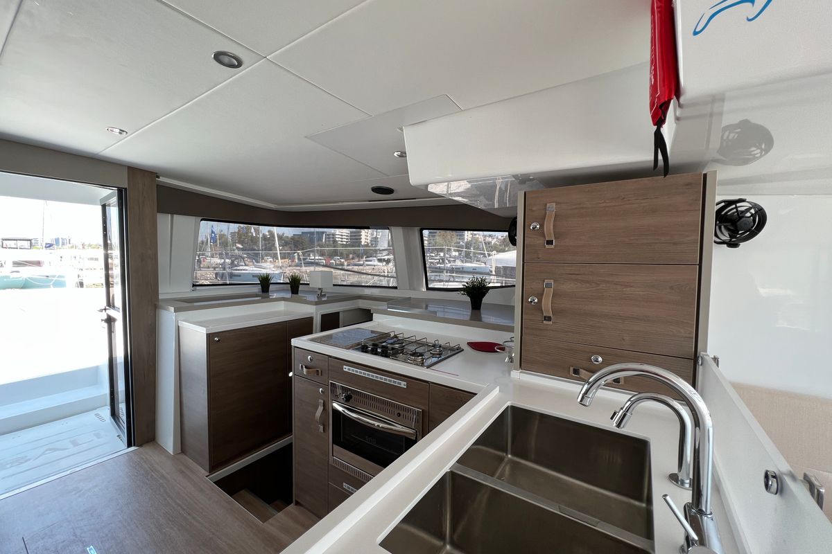 Galley of Holiday, a Bali 4.8 catamaran at Athens, Greece