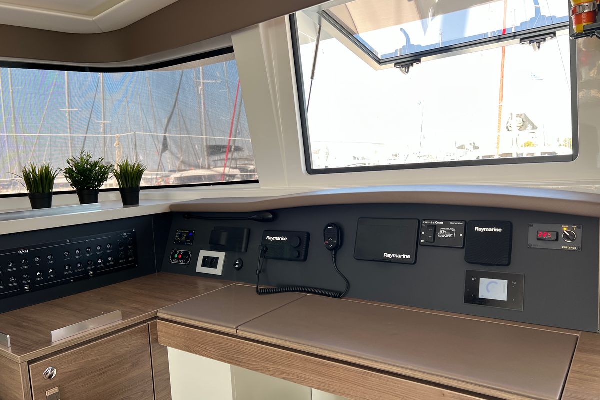 Cockpit of Holiday, a Bali 4.8 catamaran at Athens, Greece