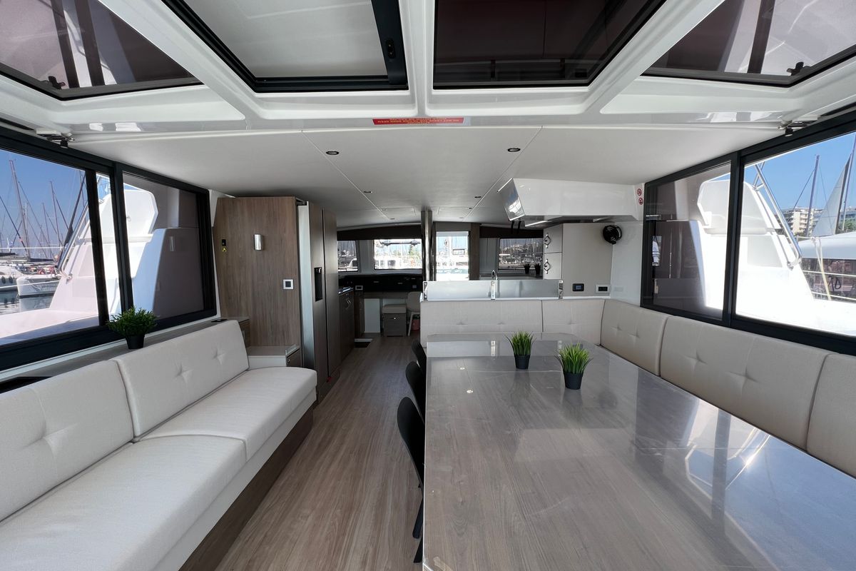 Salon of Holiday, a Bali 4.8 catamaran at Athens, Greece