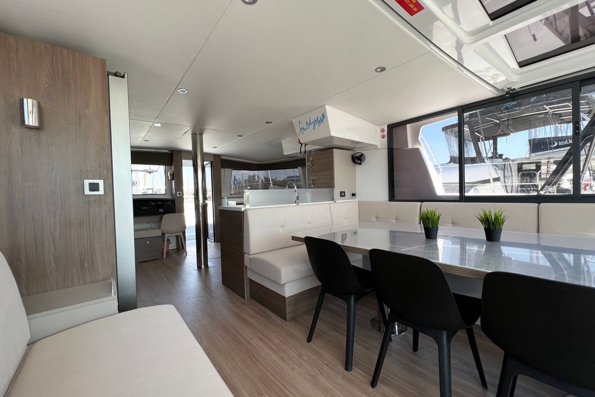 Salon of Holiday, a Bali 4.8 catamaran at Athens, Greece