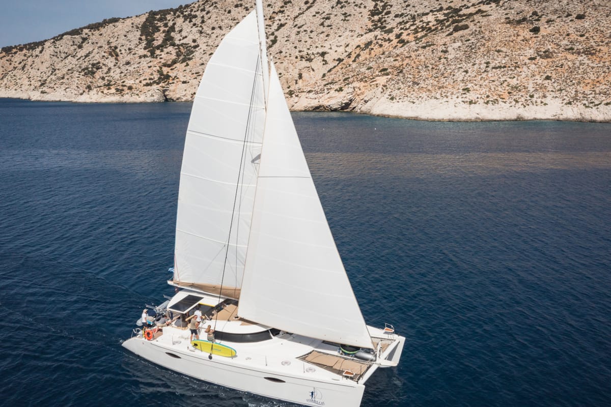 Exterior view of ZORBA CAT, a Fountaine Pajot Eleuthera 60 catamaran at Aegina, Greece