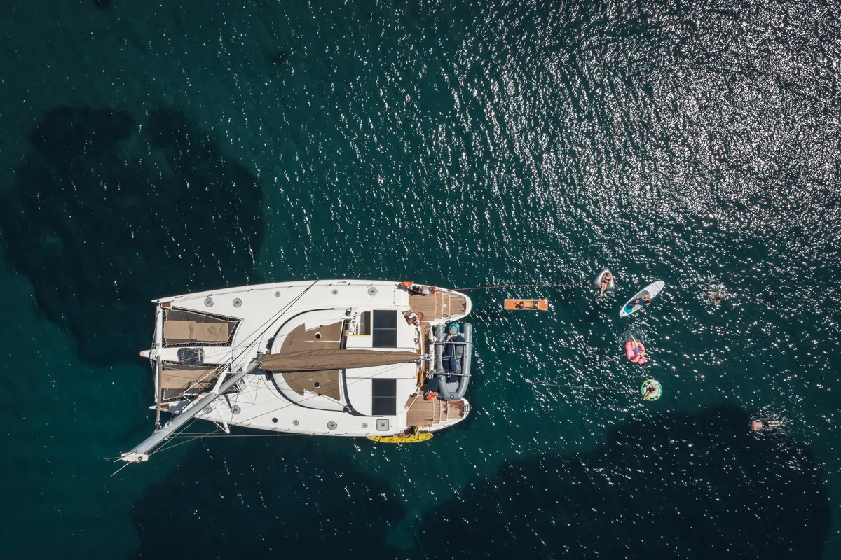 Exterior view of ZORBA CAT, a Fountaine Pajot Eleuthera 60 catamaran at Aegina, Greece