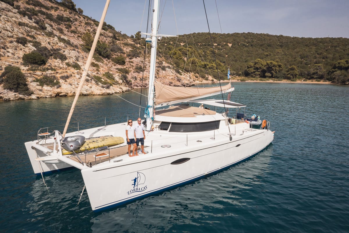 Exterior view of ZORBA CAT, a Fountaine Pajot Eleuthera 60 catamaran at Aegina, Greece