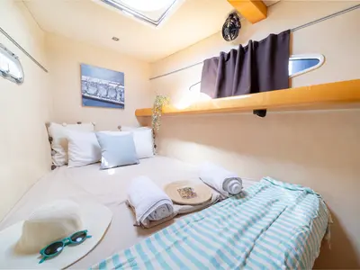 Cabin on ZORBA CAT, a Fountaine Pajot Eleuthera 60 catamaran at Aegina, Greece