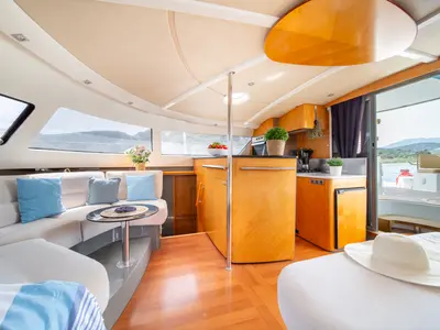 Salon of ZORBA CAT, a Fountaine Pajot Eleuthera 60 catamaran at Aegina, Greece
