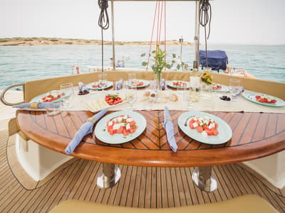 Deck of ZORBA CAT, a Fountaine Pajot Eleuthera 60 catamaran at Aegina, Greece