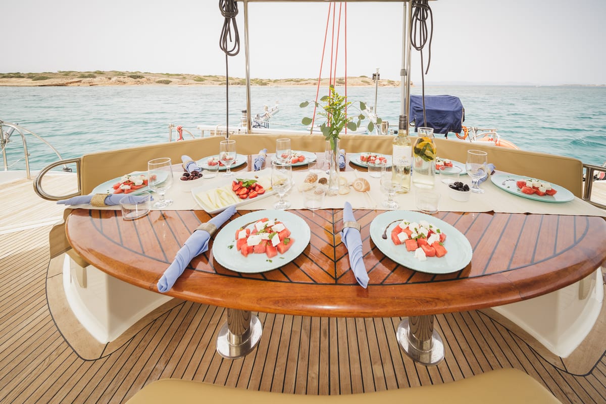 Deck of ZORBA CAT, a Fountaine Pajot Eleuthera 60 catamaran at Aegina, Greece