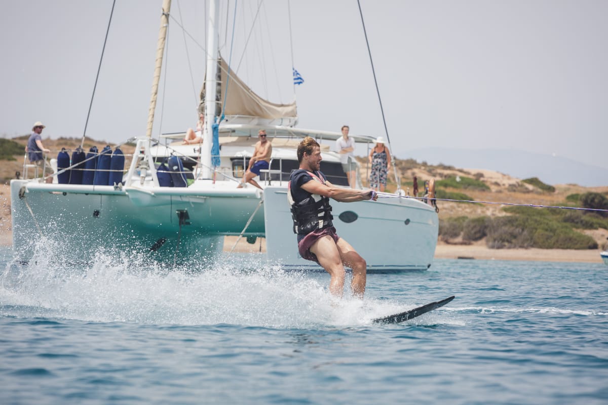 Exterior view of ZORBA CAT, a Fountaine Pajot Eleuthera 60 catamaran at Aegina, Greece