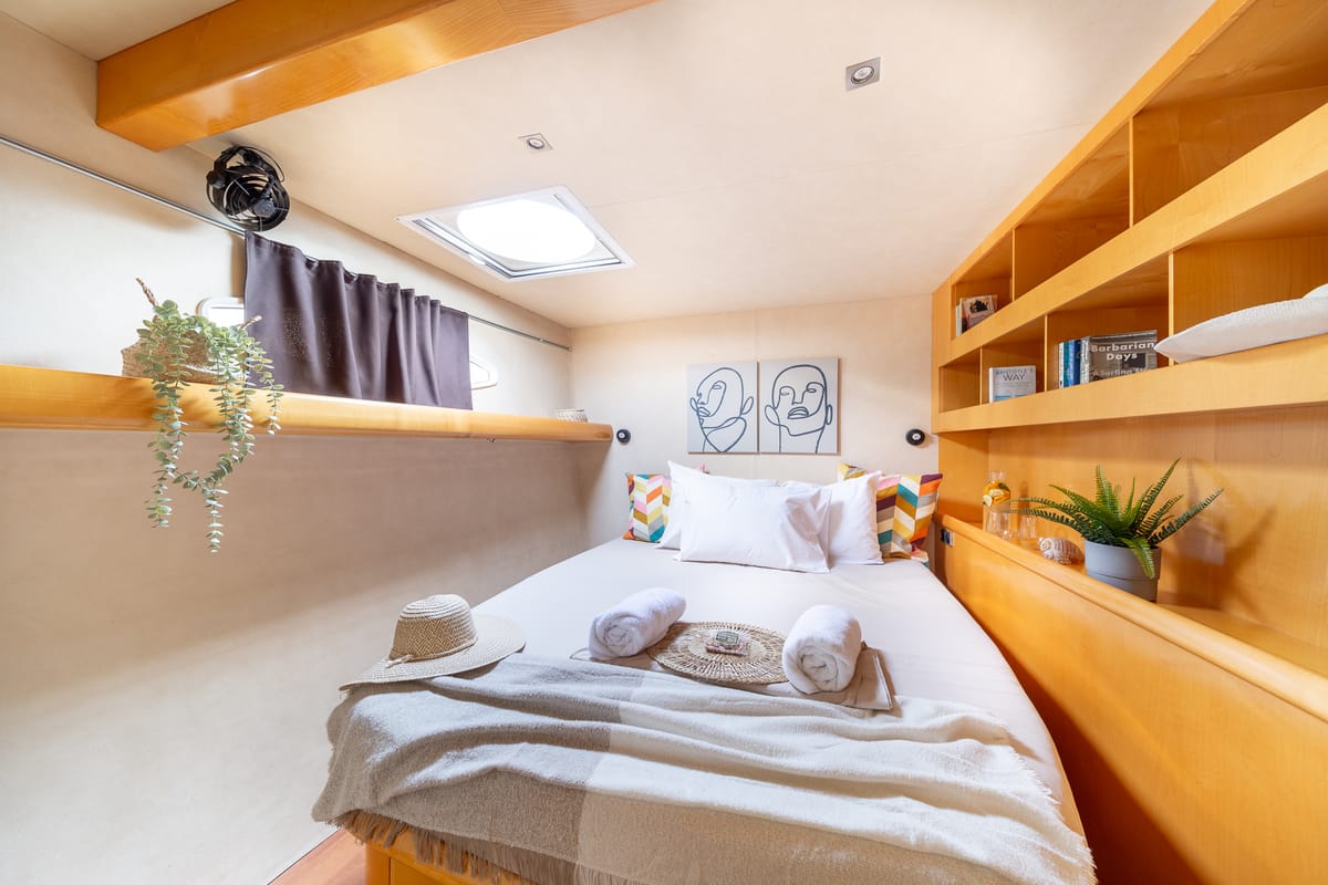 Cabin on ZORBA CAT, a Fountaine Pajot Eleuthera 60 catamaran at Aegina, Greece