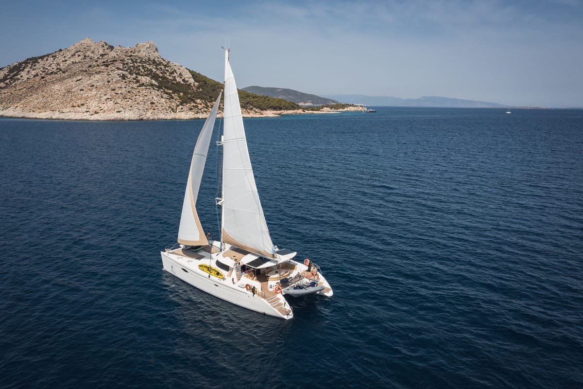 Exterior view of ZORBA CAT, a Fountaine Pajot Eleuthera 60 catamaran at Aegina, Greece