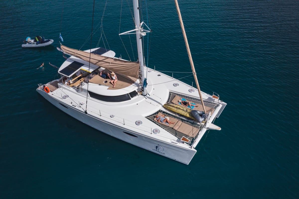 Exterior view of ZORBA CAT, a Fountaine Pajot Eleuthera 60 catamaran at Aegina, Greece