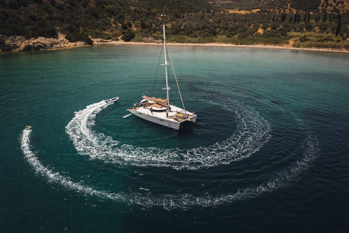 Exterior view of ZORBA CAT, a Fountaine Pajot Eleuthera 60 catamaran at Aegina, Greece