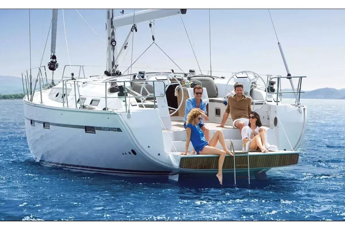 Exterior view of OREO, a Bavaria Cruiser 51 sailboat at Skiathos, Greece