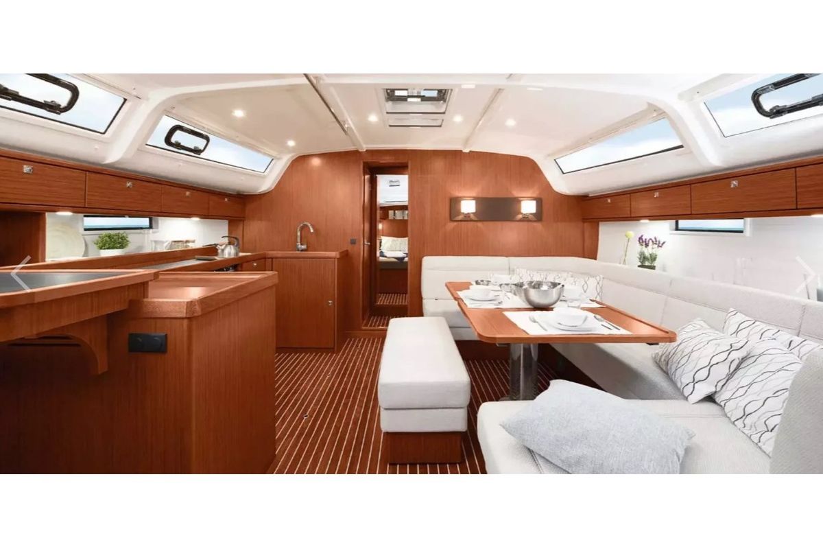 Salon of OREO, a Bavaria Cruiser 51 sailboat at Skiathos, Greece