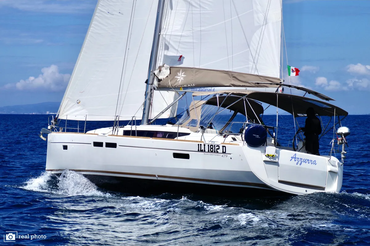 Exterior view of Azzurra - Solar Panel, a Jeanneau Sun Odyssey 479 sailboat at Puntone di Scarlino, Italy