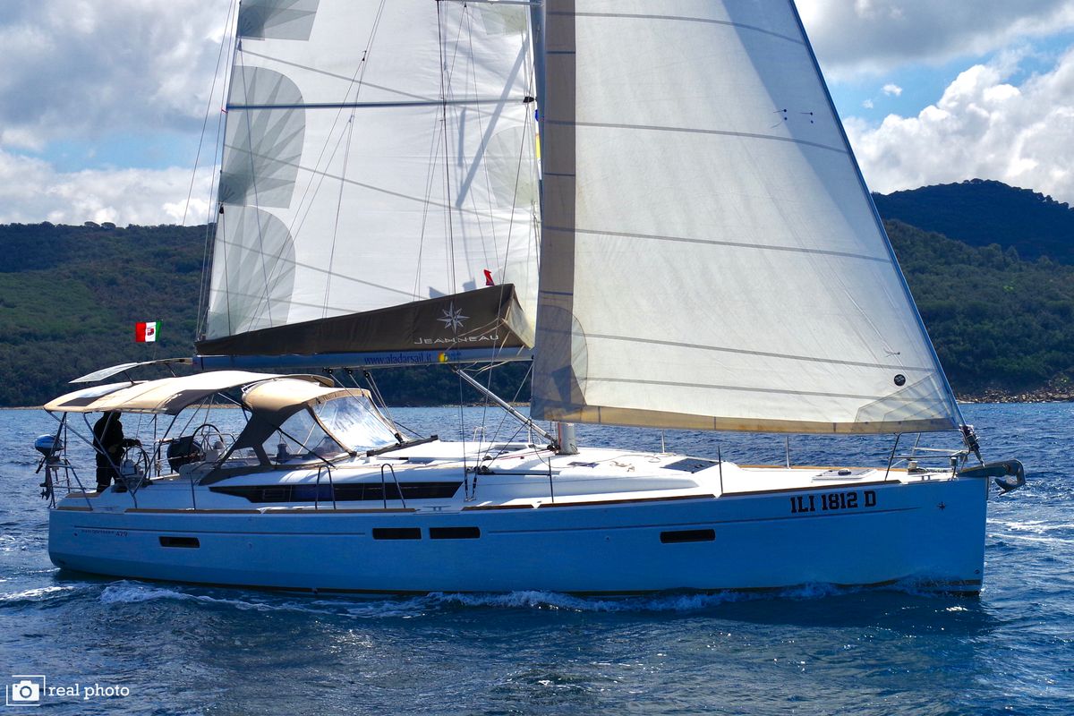 Exterior view of Azzurra - Solar Panel, a Jeanneau Sun Odyssey 479 sailboat at Puntone di Scarlino, Italy