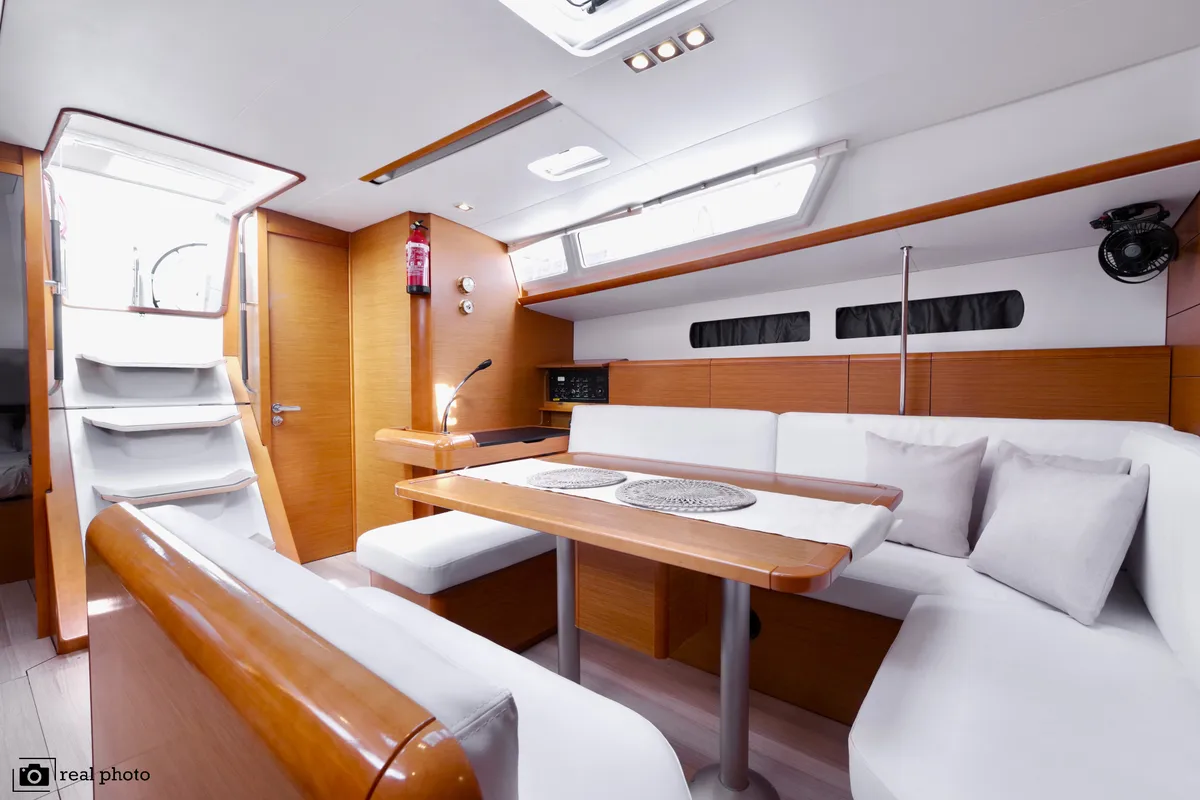 Salon of Azzurra - Solar Panel, a Jeanneau Sun Odyssey 479 sailboat at Puntone di Scarlino, Italy