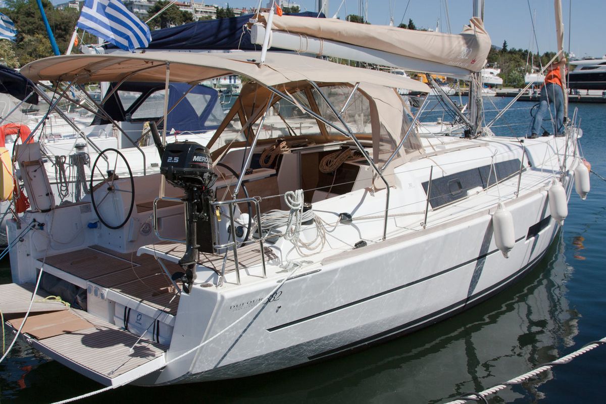 Exterior view of Siroko, a Dufour 382 GL sailboat at Sithonia Municipal Unit, Greece