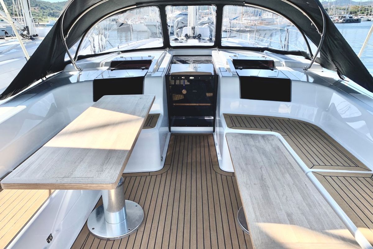 Deck of ARTEMIS, a Hanse Yachts Hanse 508 sailboat at Municipal Unit of Lefkada, Greece