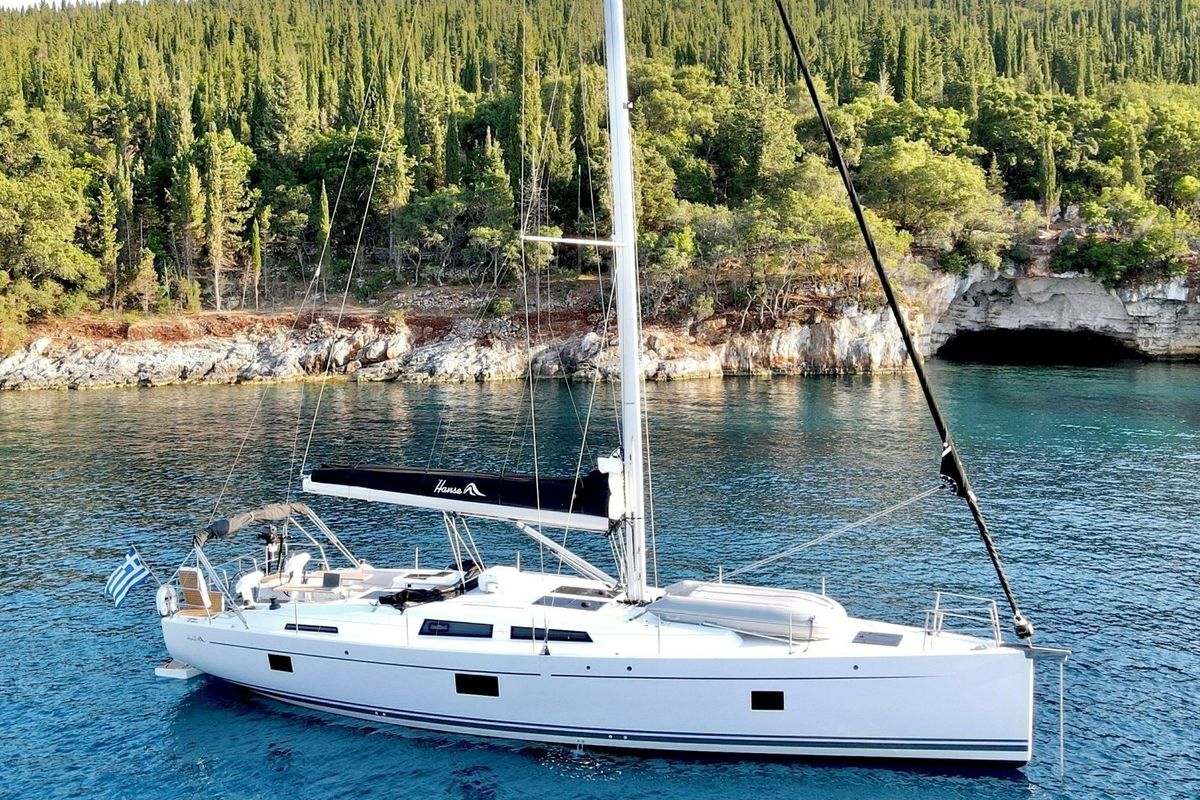Exterior view of ARTEMIS, a Hanse Yachts Hanse 508 sailboat at Municipal Unit of Lefkada, Greece