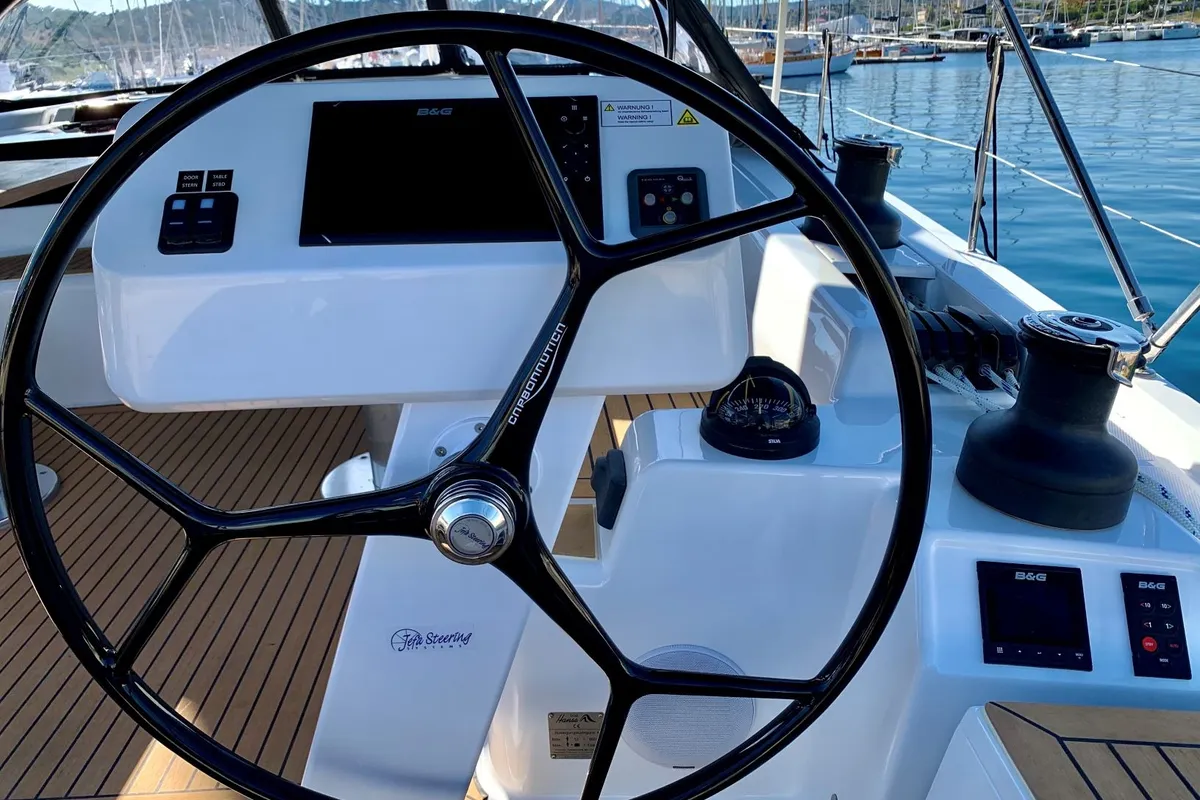 Cockpit of ARTEMIS, a Hanse Yachts Hanse 508 sailboat at Municipal Unit of Lefkada, Greece