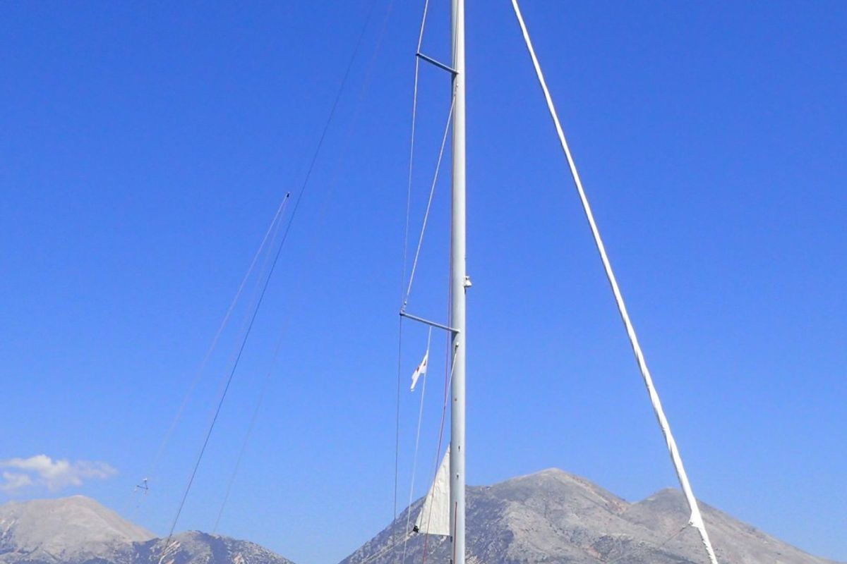 Exterior view of Mayflower, a Jeanneau Sun Odyssey 519 sailboat at Benitses, Greece