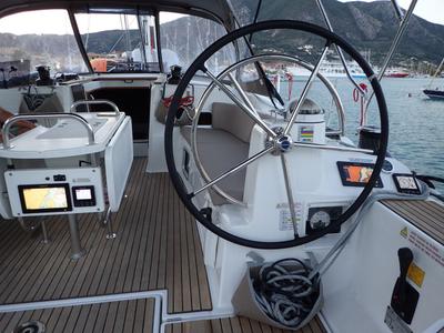 Cockpit of Mayflower, a Jeanneau Sun Odyssey 519 sailboat at Benitses, Greece