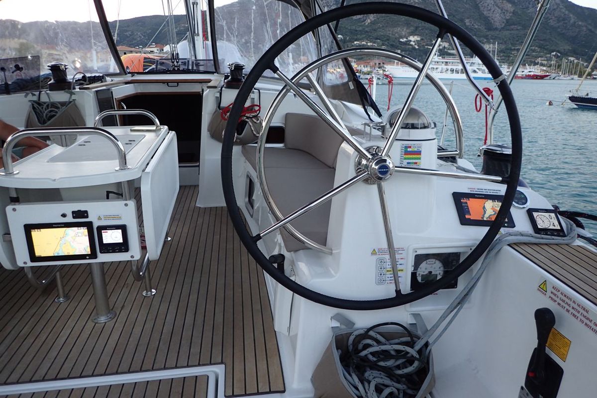 Cockpit of Mayflower, a Jeanneau Sun Odyssey 519 sailboat at Benitses, Greece