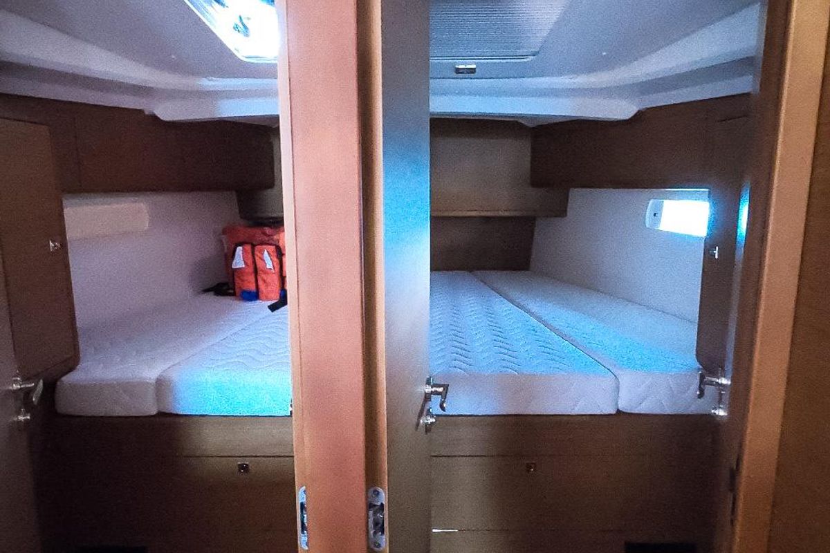 Cabin on Mayflower, a Jeanneau Sun Odyssey 519 sailboat at Benitses, Greece