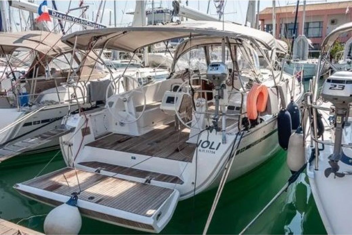 Exterior view of IOLI, a Bavaria Cruiser 41 sailboat at Municipal Unit of Lefkada, Greece