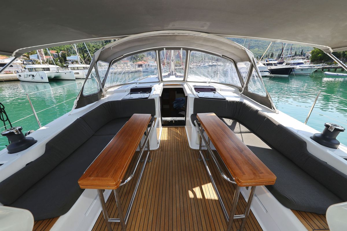 Deck of Uptown Girl, a Hanse Yachts Hanse 508 sailboat at Dubrovnik, Croatia
