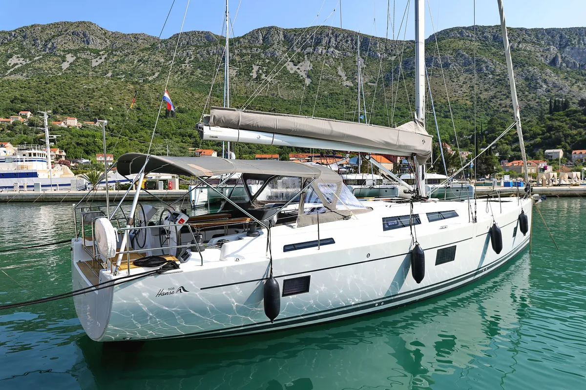 Exterior view of Uptown Girl, a Hanse Yachts Hanse 508 sailboat at Dubrovnik, Croatia