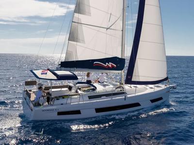 Exterior view of Moorings 41.3 Exclusive Plus, a Dufour 41 sailboat at Gouvia, Greece