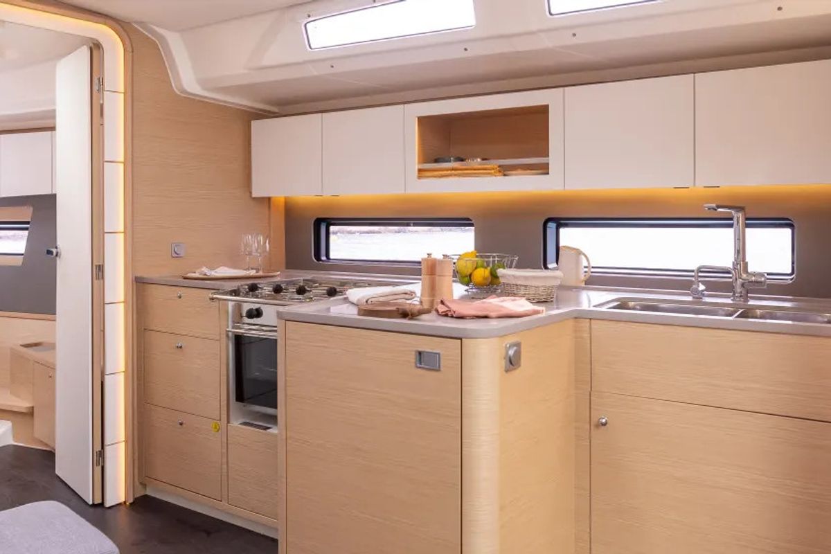 Galley of Moorings 41.3 Exclusive Plus, a Dufour 41 sailboat at Gouvia, Greece
