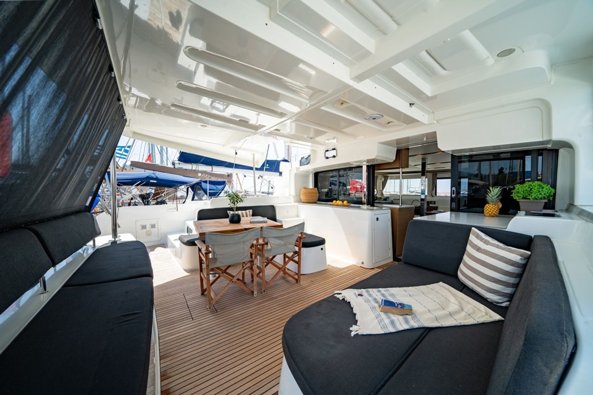 Deck of Cataleya, a Lagoon 46 catamaran at Athens, Greece