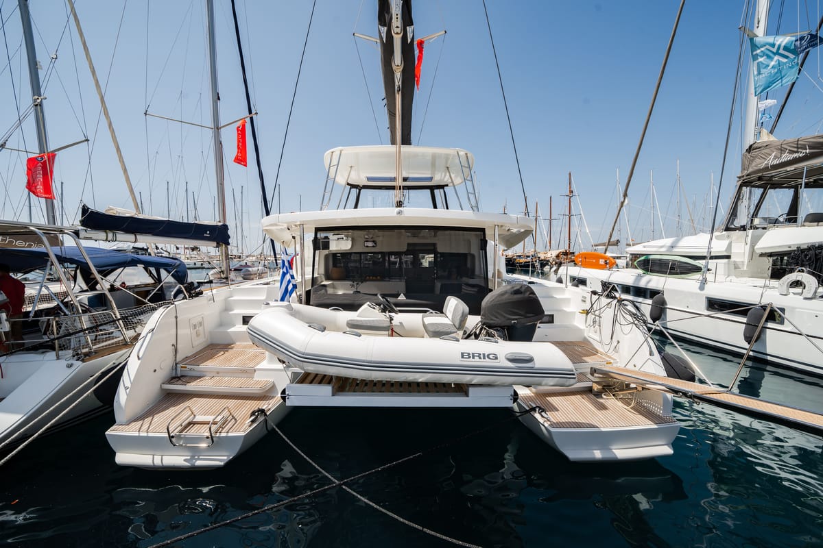Exterior view of Cataleya, a Lagoon 46 catamaran at Athens, Greece