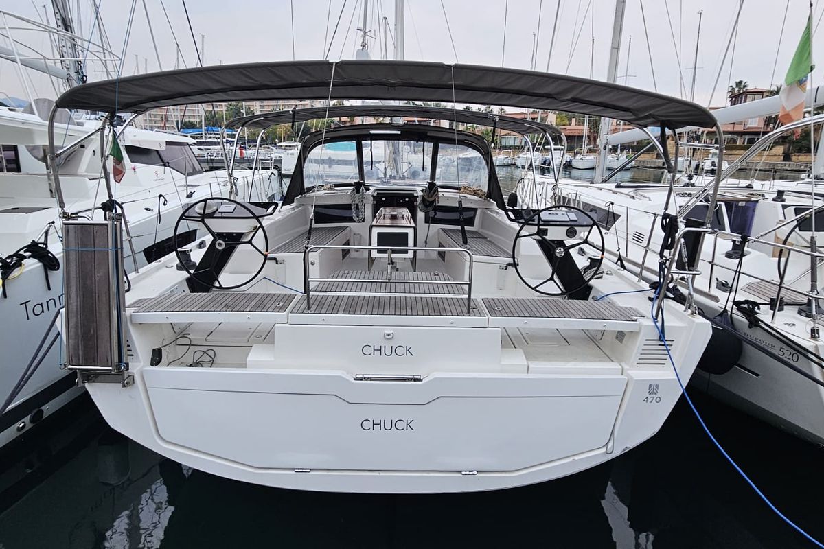 Exterior view of Chuck, a Dufour 470 sailboat at Tonnarella, Italy