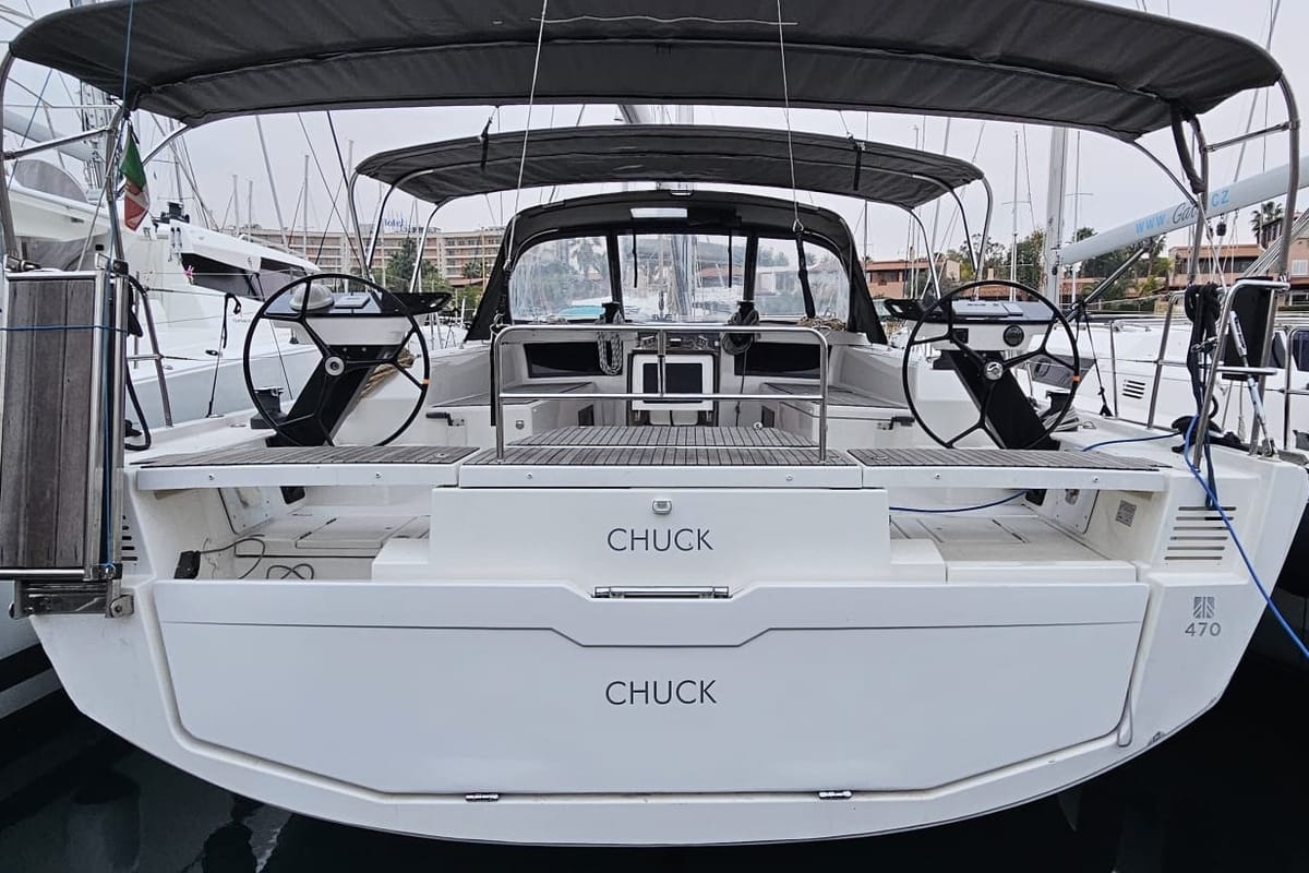 Exterior view of Chuck, a Dufour 470 sailboat at Tonnarella, Italy