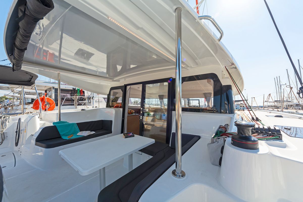 Deck of Little Blue Ocean, a Excess 11 catamaran at Parikia, Greece
