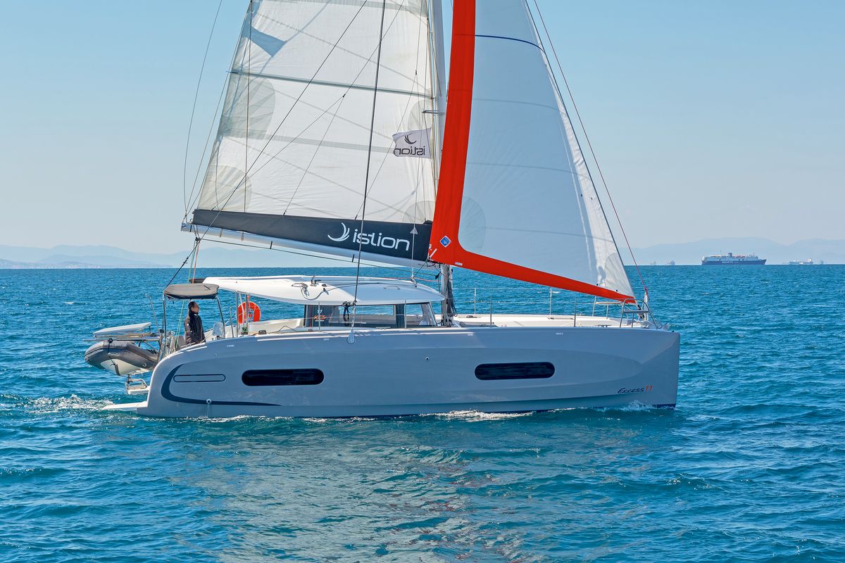Exterior view of Little Blue Ocean, a Excess 11 catamaran at Parikia, Greece
