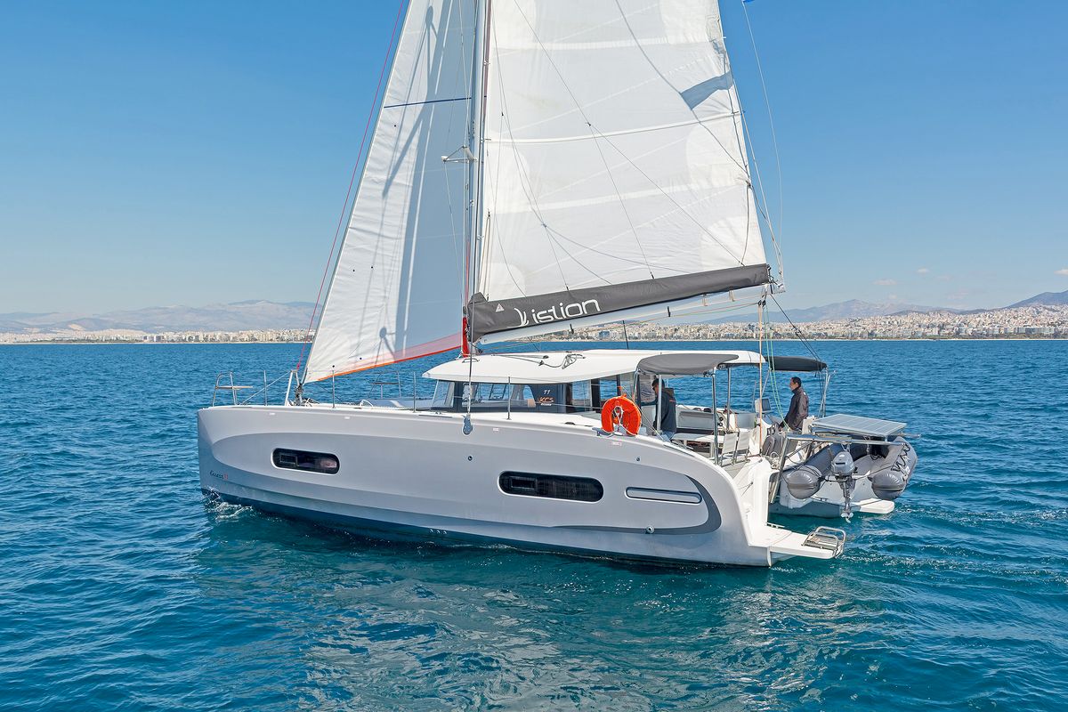 Exterior view of Little Blue Ocean, a Excess 11 catamaran at Parikia, Greece
