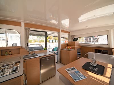 Galley of Little Blue Ocean, a Excess 11 catamaran at Parikia, Greece
