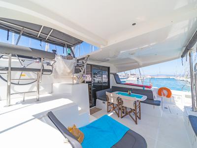 Cockpit of Melissanthi, a Lagoon 42 catamaran at Kos, Greece