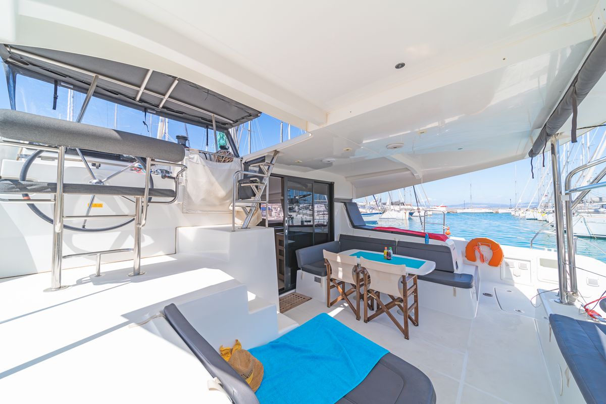 Cockpit of Melissanthi, a Lagoon 42 catamaran at Kos, Greece
