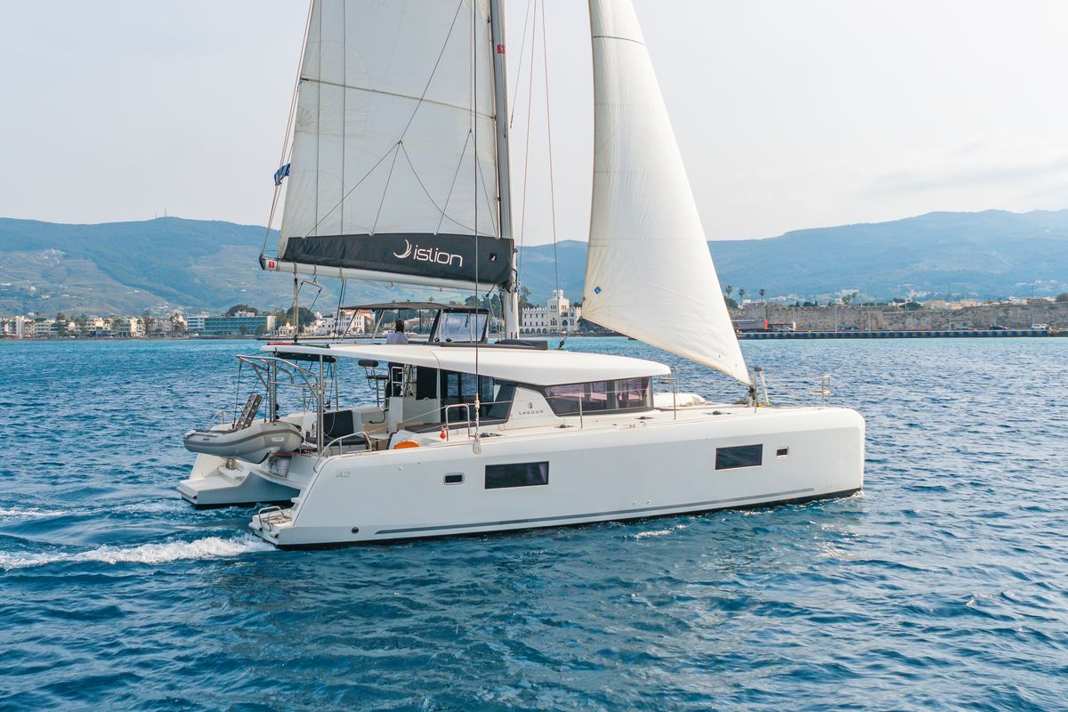 Exterior view of Melissanthi, a Lagoon 42 catamaran at Kos, Greece